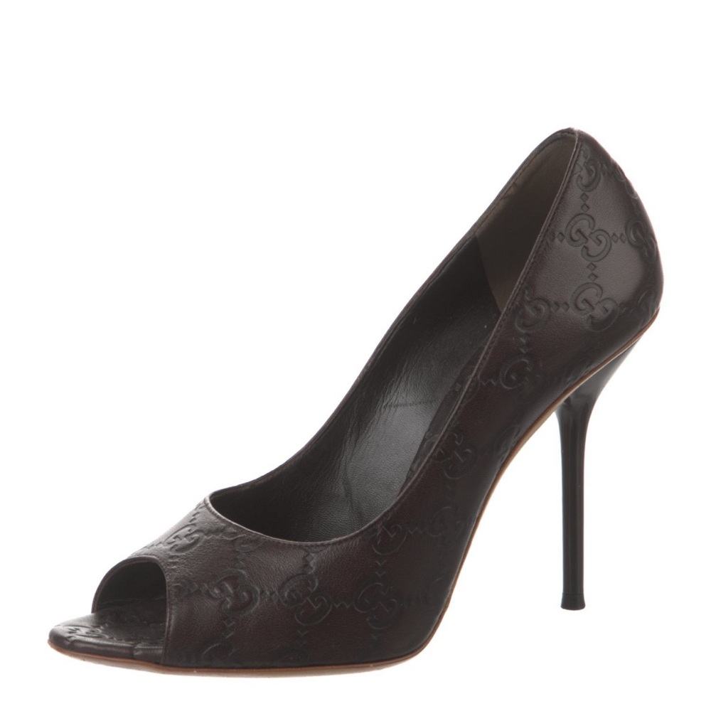 Gucci Brown Textured Peep Toe Heels